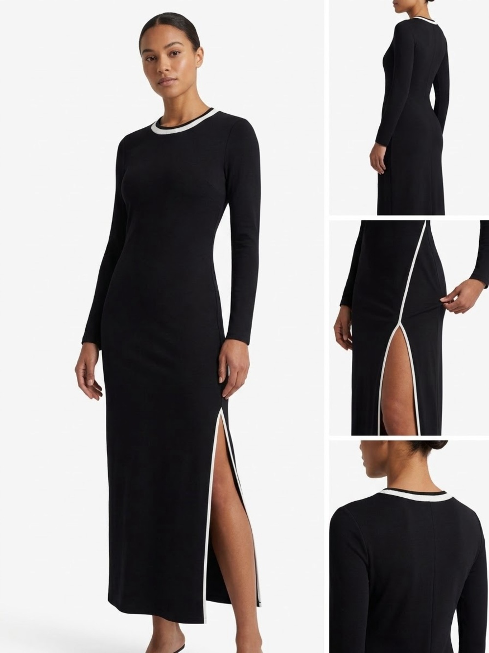 NWT Wenrine Black Long Sleeve Maxi Dress White Contrast Trim Side Slit Size Larg